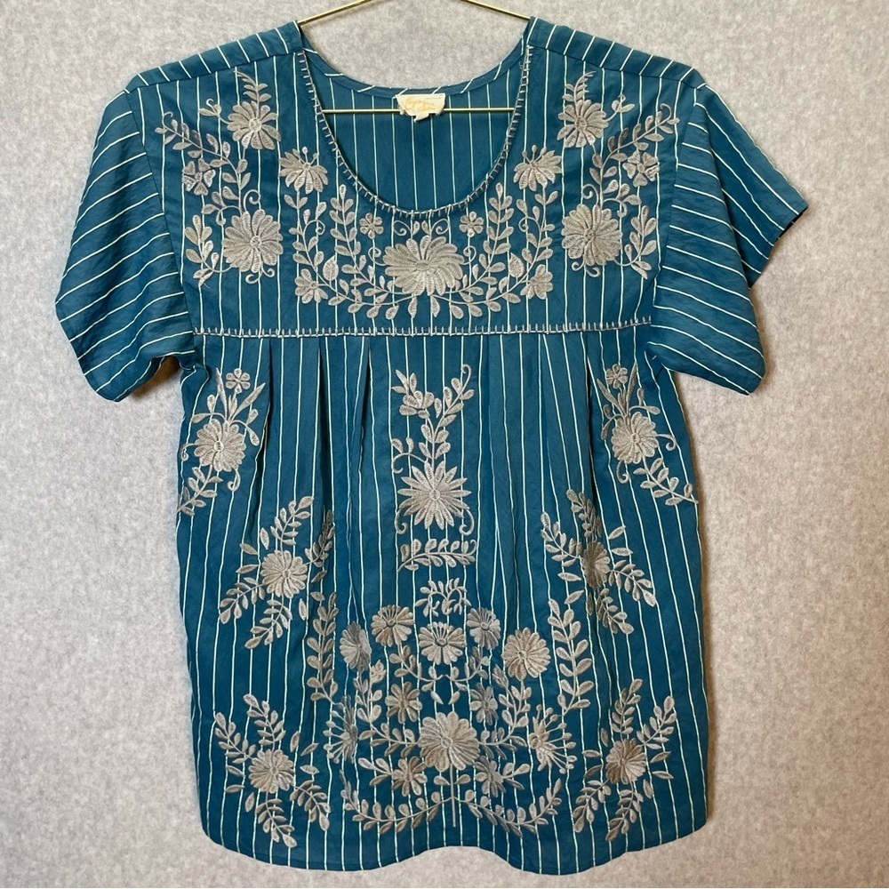Layerz Clothing Babydoll Bohemian Floral Embroidered Teal/Gray Striped Top